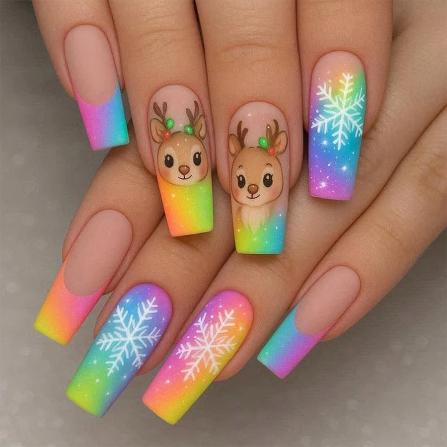 24-Piece Set of Christmas Rainbow Gradient Reindeer Press-On Nails, Long Square Nails with Snowflake French Style, Removable Jelly Glue Nail Stickers, Complete Set Including Nail File
