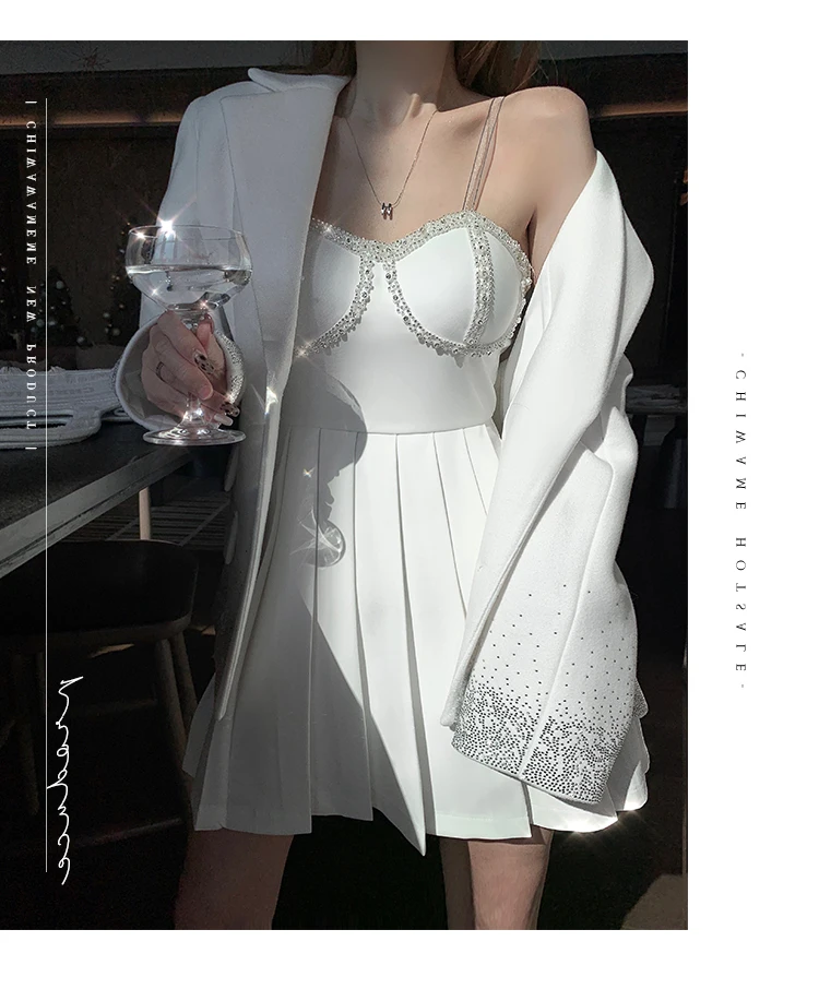 High-end Business Suit Dress Suit 2022 Spring Autumn New Hot Rhinestone White Blazer Jacket Suspender Wrapped Dress 2-Piece Set