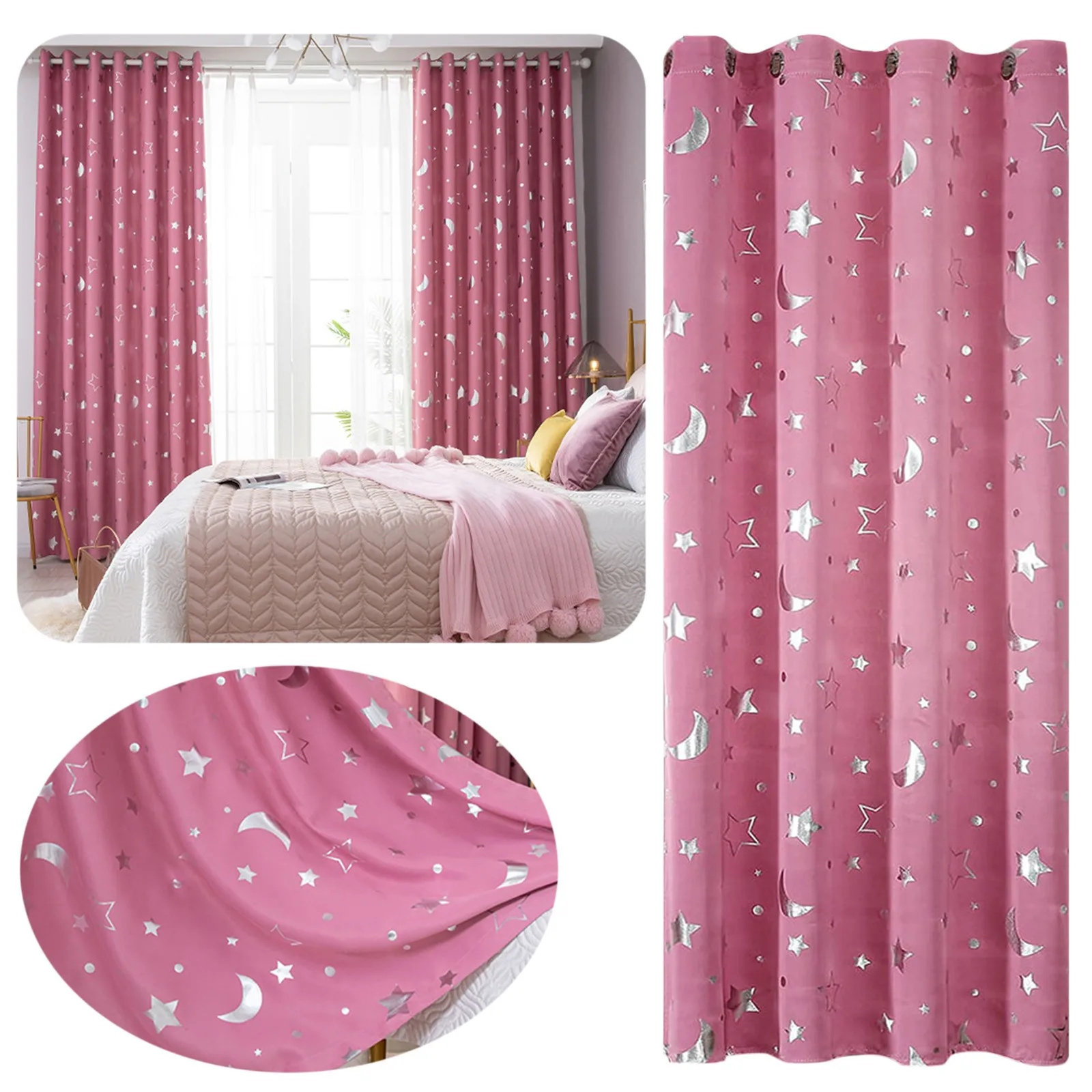 Blackout Kids Curtains for Bedroom Thermal Insulated Silver Twinkle Star Moon Curtains Window Treatment Drapes for Nursery