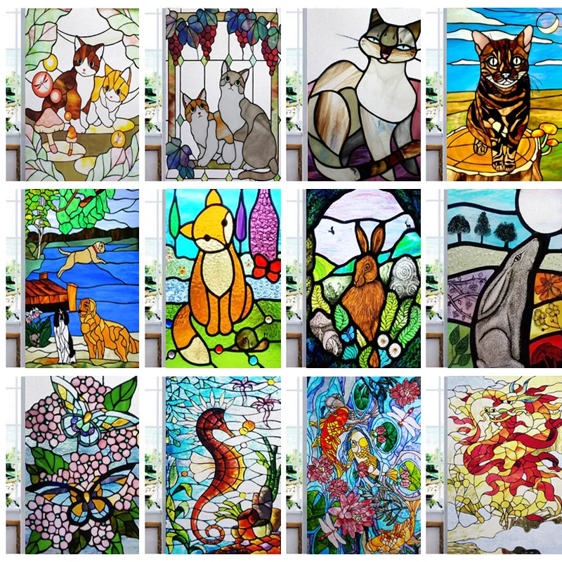 Custom Size Static Cling Stained Glass Window Film Frosted Privacy  with Cat Tiger Deer Bear Animal Pattern for Home Glass Door