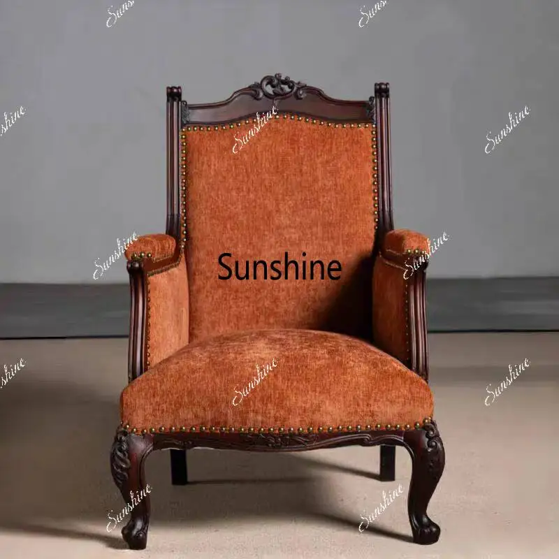 American country style solid wood carved sofa chair vintage fabric backrest relaxing