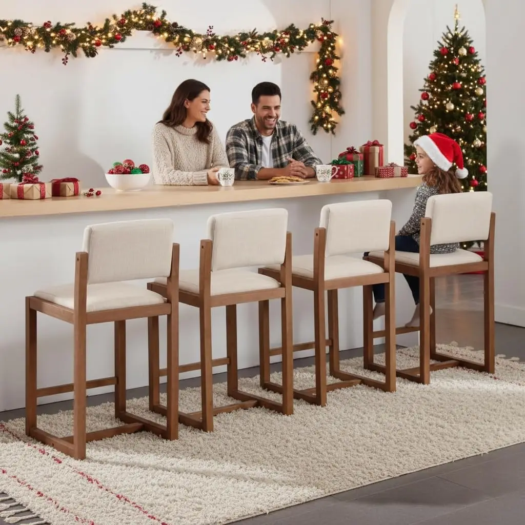 

Linen Upholstered Counter Stool Set 26" Wood Legs Open Back Farmhouse Kitchen Pub, Customized