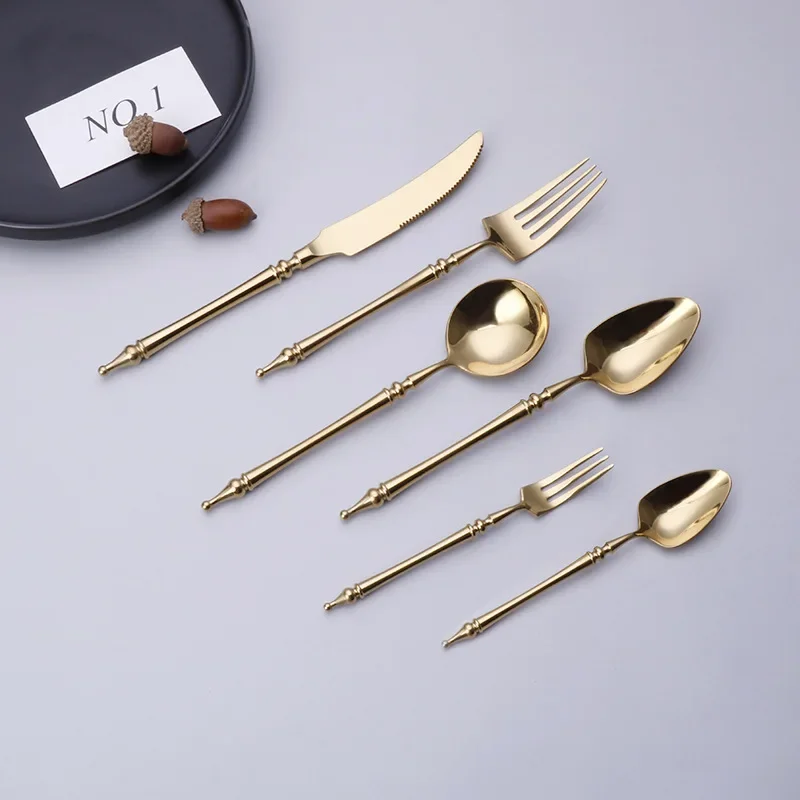 Luxury Western Gold Dinnerware Set Stainless Steel Knife Fork Tea Spoon Tableware Cutlery Set Kitchen Flatware Dishwasher Safe