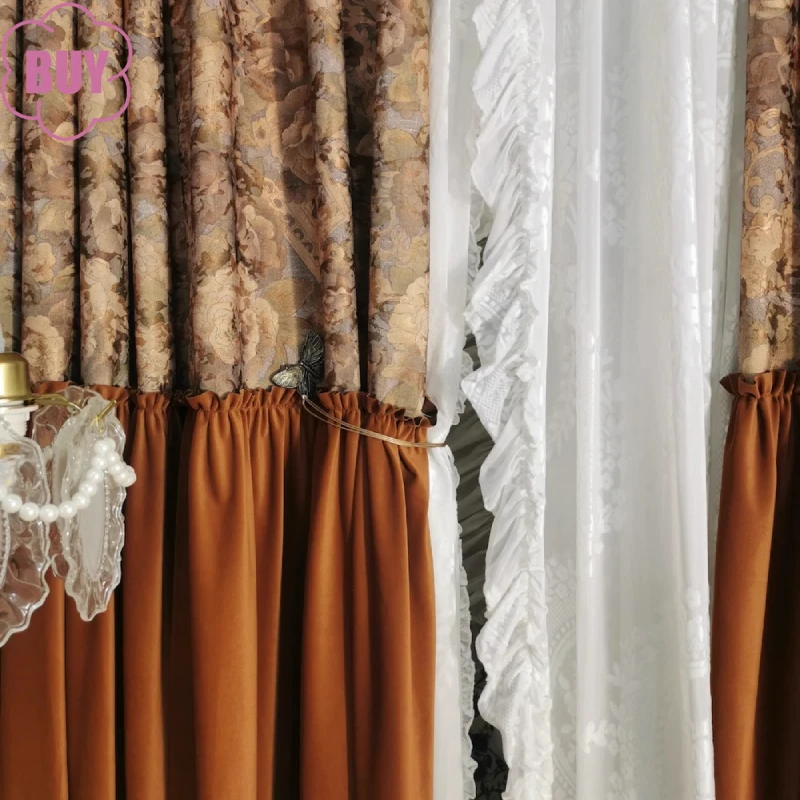 

Customized Caramel Flowers Velvet Splicing Skirt Window Screen Curtains for Living Room Bedroom French Window Balcony Finished