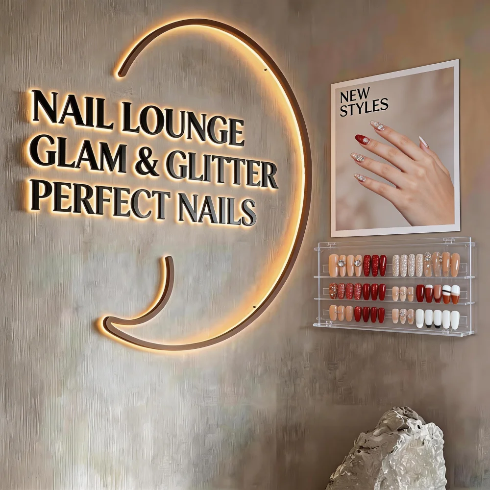 Custom 3D Brushed Metal Letters Sign, Illuminated Backlit Logo for Nail Salon, Indoor Outdoor Nail Salon Bar Business Signboard