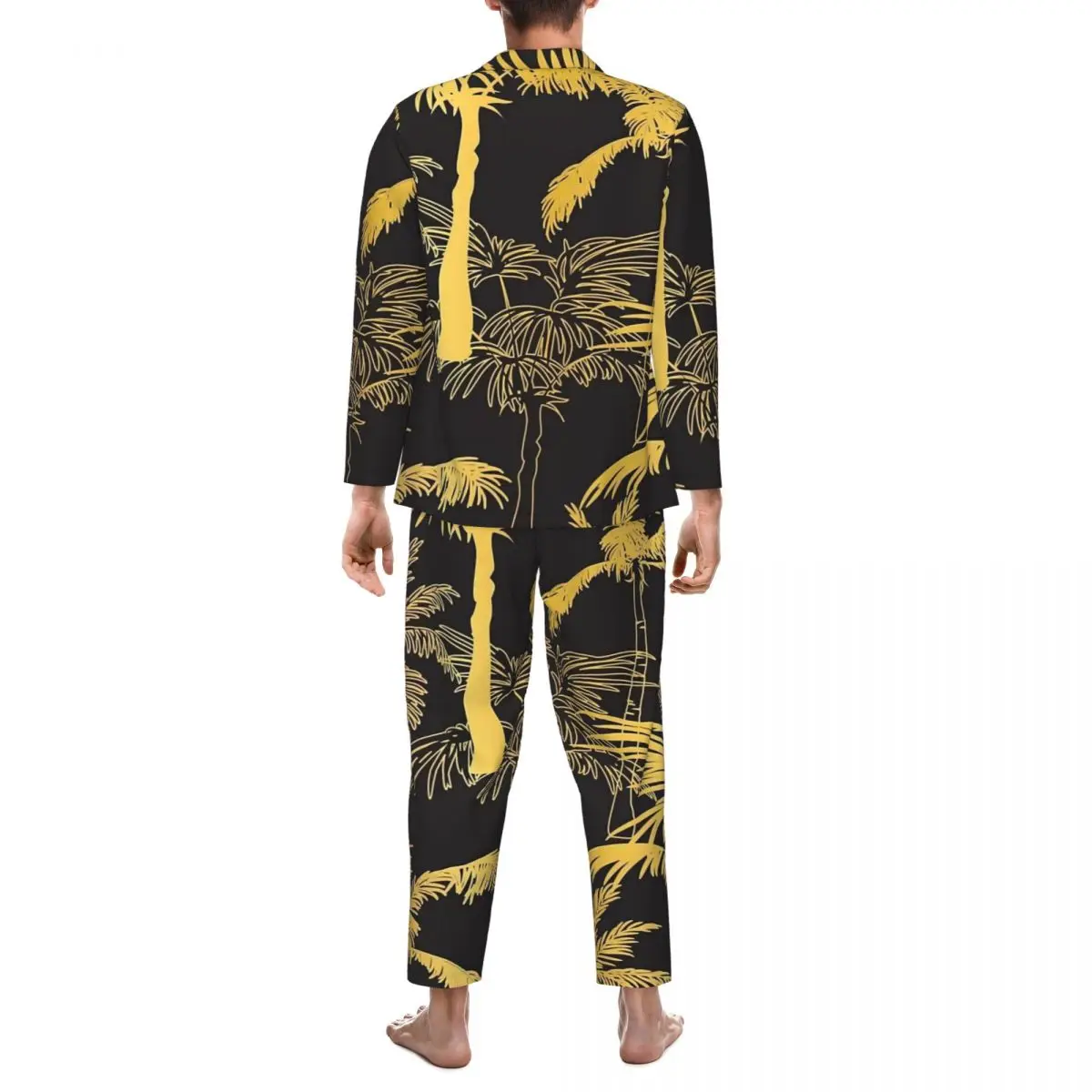 Pyjama imprimé palmiers dorés pour homme, vêtement de nuit tendance, loisirs, printemps, 2 pièces, décontracté, ample, surdimensionné, motif, ensemble pyjama