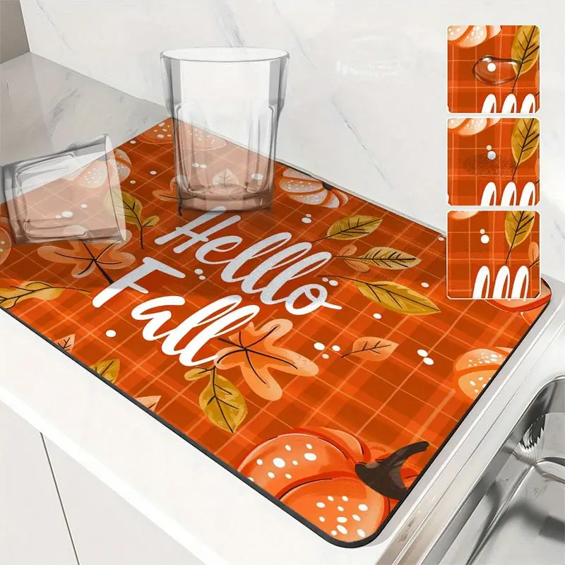 VIKAMA “Hello Autumn” Drip Mat, Checkered Pumpkin and Maple Leaf Autumn Harvest Absorbent Coffee Maker Mat, Home Decor