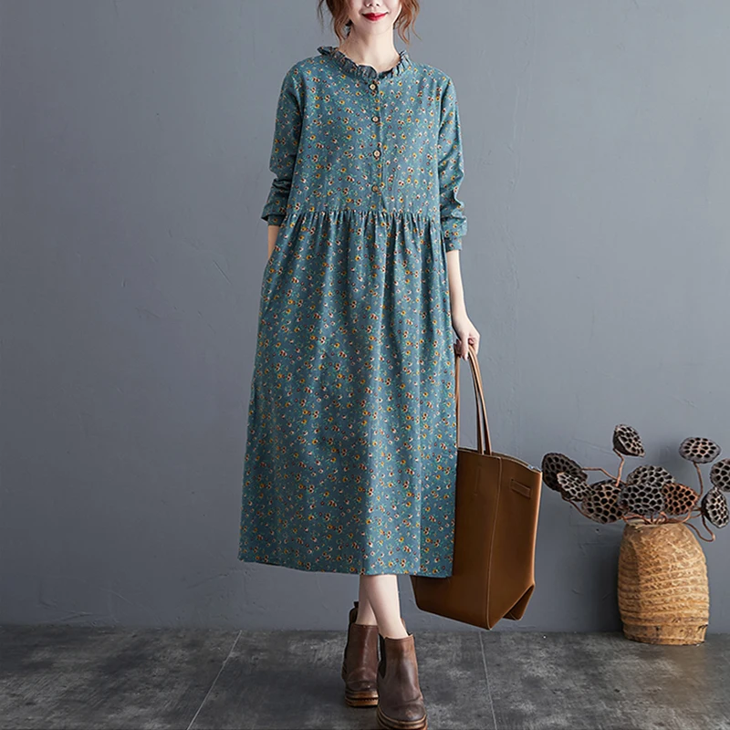 Daisy Print Cotton Lin Long Sve Button up Loose Floral irt Dr A-Line Skirt Commute Sle Artistic Loose Waist