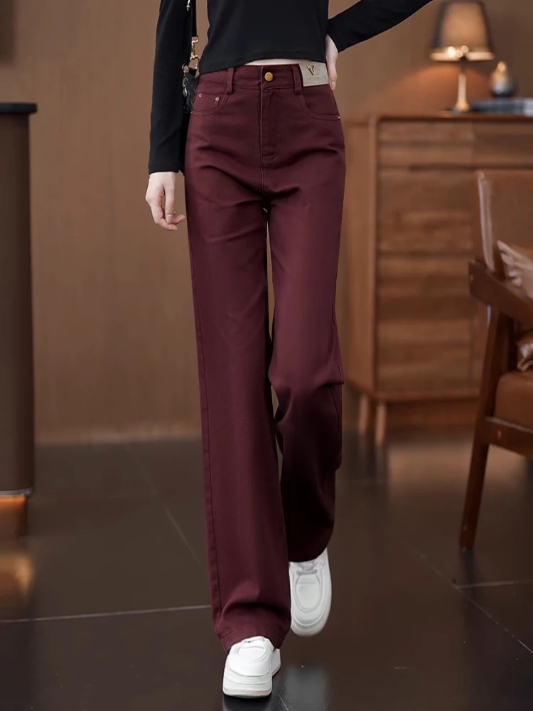

Casual Straight Leg Jeans Women's Autumn Winter New Style Anoka Red Fleece Lined Wide Leg Jeans High Waist Cotton Denim