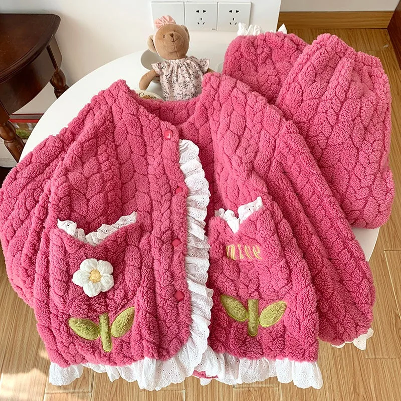 2024 New Coral Velvet Pajamas Autumn Winter Women Flannel Loungewear Plus Size Small Fragrance Rose Red Thickening Suit Homewear