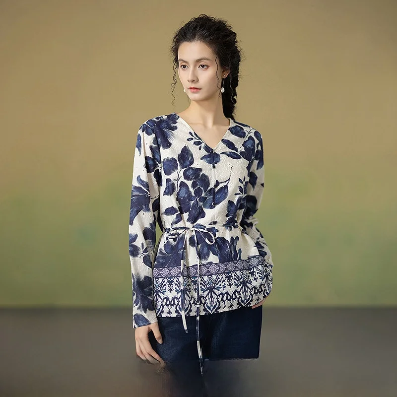 

Women's Slim Fit V-Neck Printed Cotton Shirt 100% Cotton Vintage Style Long Sleeve Regular Thickness Abstract Pattern