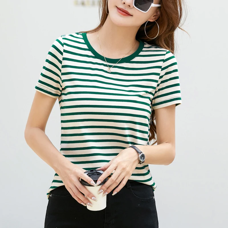 Women's strip vintage top loose round neck half sleeve color T-shirt TS2656