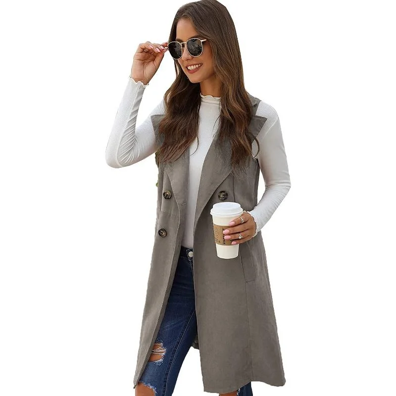 SCY Women's Double Breasted Long Vest Jacket Casual Sleeveless Pocket Outerwear Longline