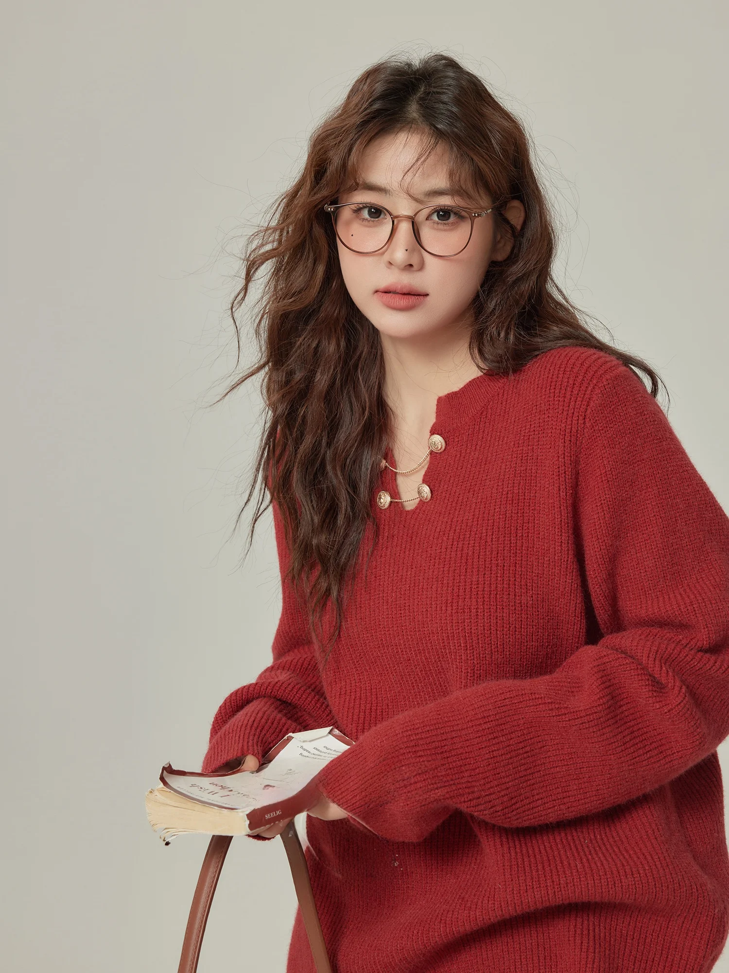 

Винтажный вязаный свитер Long Sve больших размеров, женский свободный топ из полиэфирного волокна, осень-зима, V-Ne