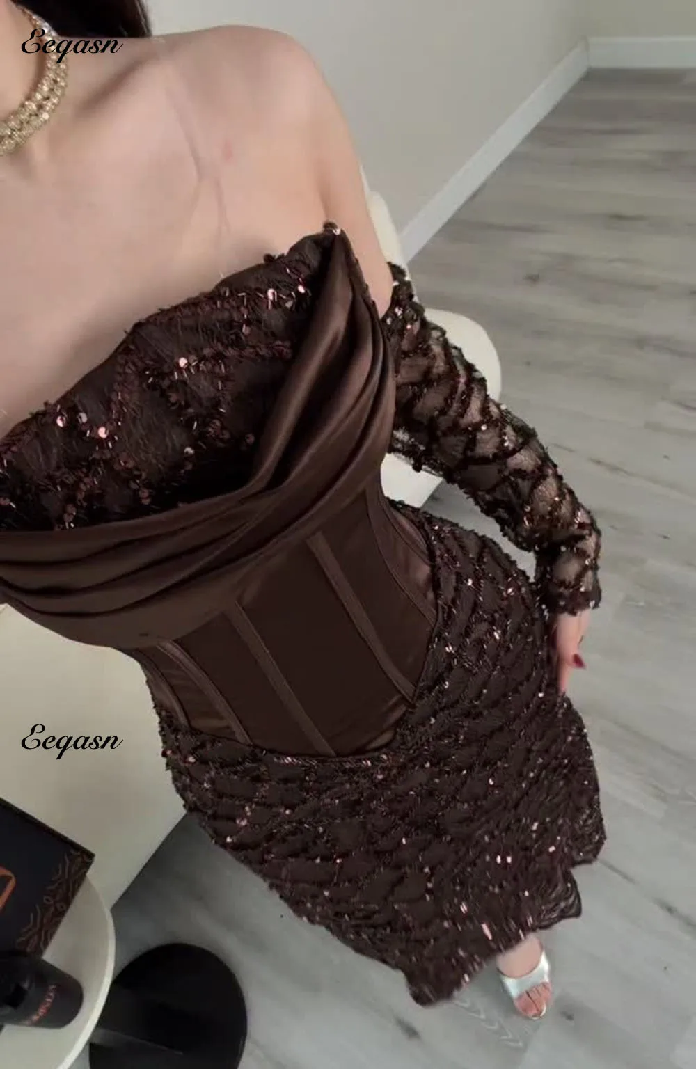 

Eeqasn Customized Brown Sizes Available Strapless Prom Dress Corset Mermaid Ankle Length Evening Dresses For Wedding Party