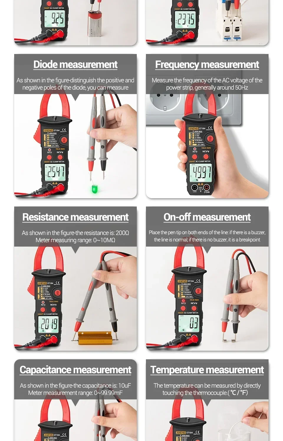 ANENG ST184 True RMS Zangenamperemeter Digitales Multimeter AC DC Spannung Strom Widerstand NCV Induktionsdetektor für Elektriker – Detail 3