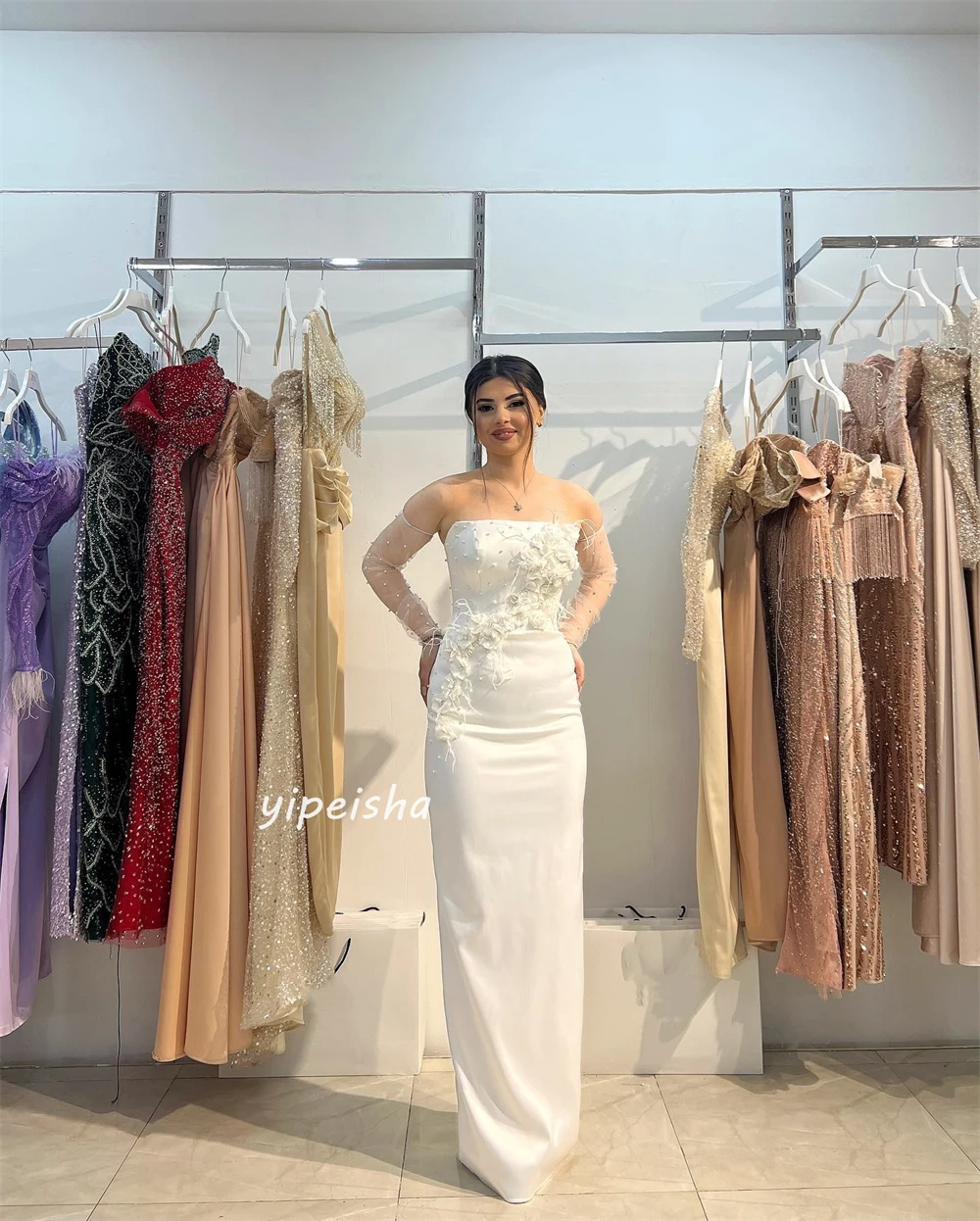 High Quality Sparkle Exquisite Jersey Pleat Flower Pearl Wedding Party A-line Strapless Bespoke Occasion Gown Long Dresses