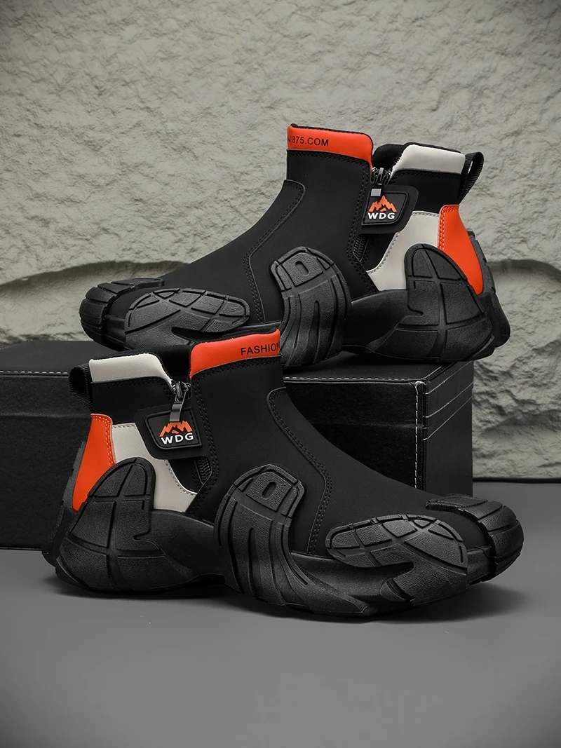 남성용 하이탑 작업화 미끄럼 방지 방수 아웃도어 등산 캐주얼 작업복 마틴 부츠 PU 가죽 스포츠 스타일 지퍼...