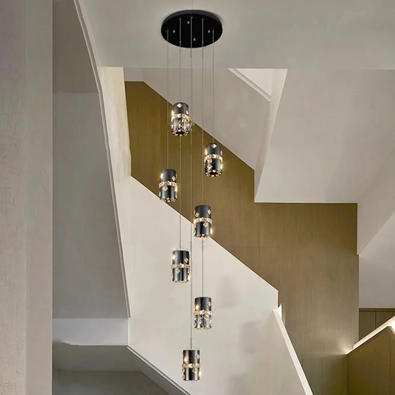 

Modern Black Hardware Crystal Stair LED chandelier lustre Round base Ceiling lamp hanging light for living room Home interior