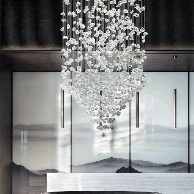 

Creative LED Crystal Staircase Chandeliers Stone Hanging Pendant Lighting Luxury Hotel Hall Villa Lobby Decor Suspension Lustre