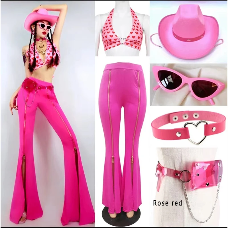 New Nightclub Bar Ds Performance Dress Sexy Pink Love Tank Tops Flare Pants Western Retro Party Performance Costumes XH192