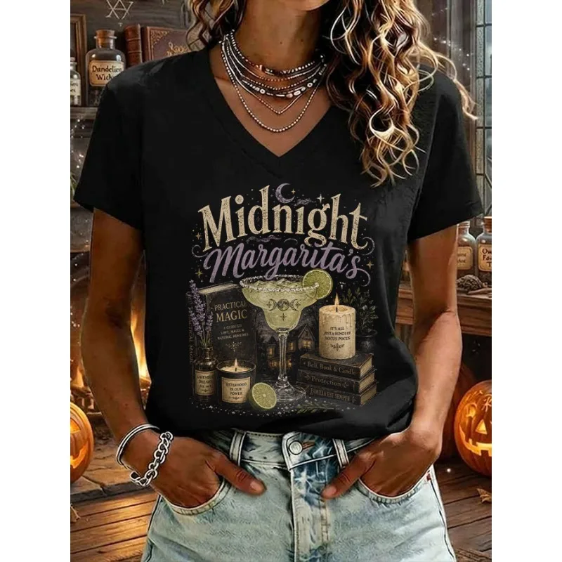 ilstile Women's Halloween Midnight Print T-Shirts Summer Short Sleeve V Neck Tops Casual Loose Tees Black New Arrival