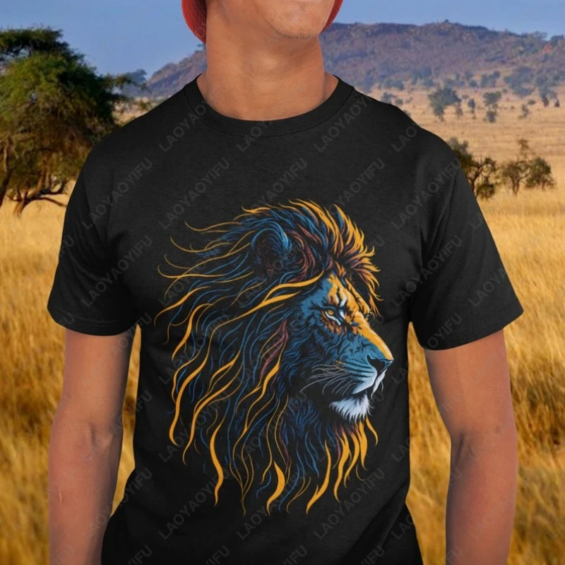 

Африканский мужчина Лев Закат Сафари Культура Футболка Majestic Животное в стиле Живописи Африка вызывает Мужчины Женщины Хлопковые футболки Подарки
