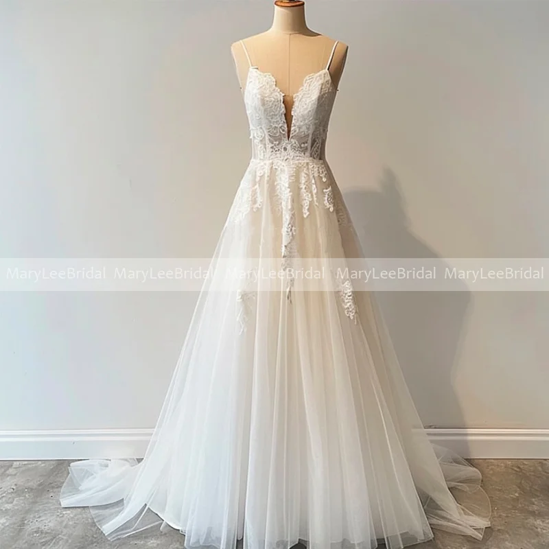 

Тюлевое свадебное платье трапециевидной формы, элегантный кружевной лиф с глубоким v-образным вырезом на тонких бретельках, свадебные платья по индивидуальному заказу, платье de noiva