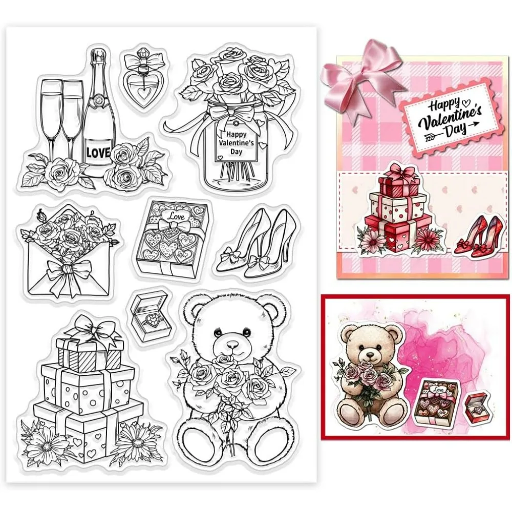 

1 шт., подарки на день Святого Валентина, прозрачные штампы, розы красного вина, прозрачные штампы, печать, конверт с медведем, прозрачные штампы