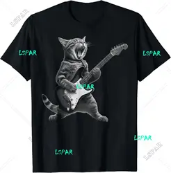 Cat Playing Guitar Rock Star Rock and Roll For Men Women T-Shirt Fashion Casual Short Sleeve T Shirts Male Oversized T-shirt