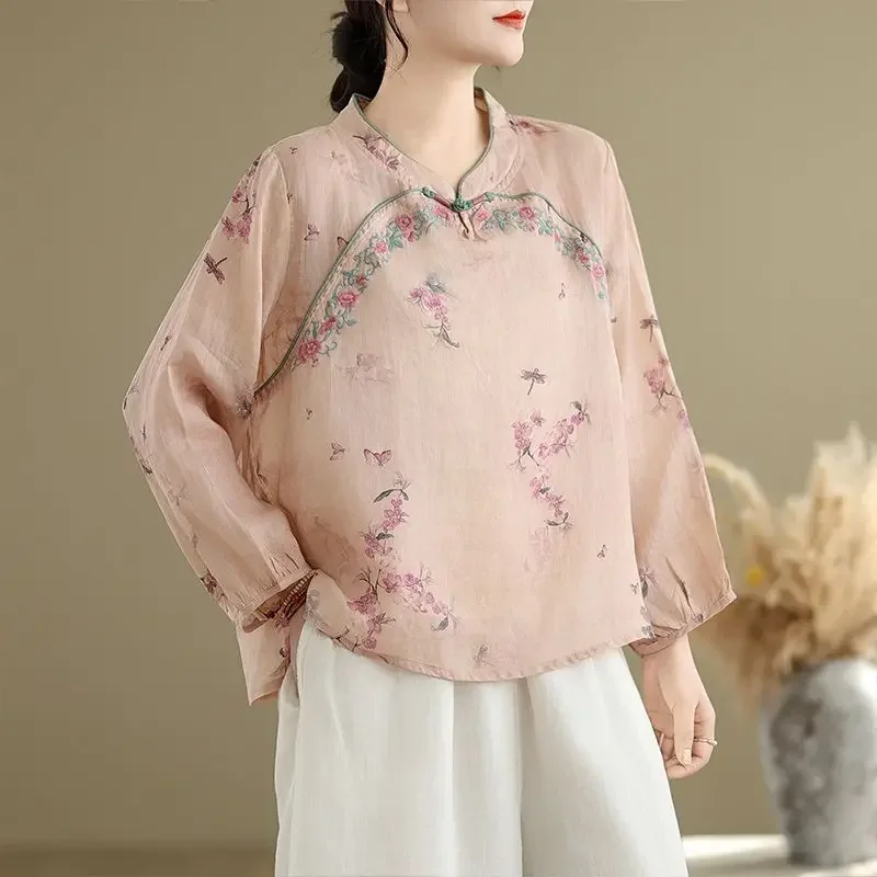 Spring Autumn Temperament Tang Suit Zen Tea Clothes Embroidered Top New Chinese Style Cotton Linen Printed Shirt for Women