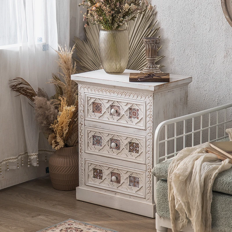 

American retro old porch cabinet solid wood carving flower living room chest side white dining side