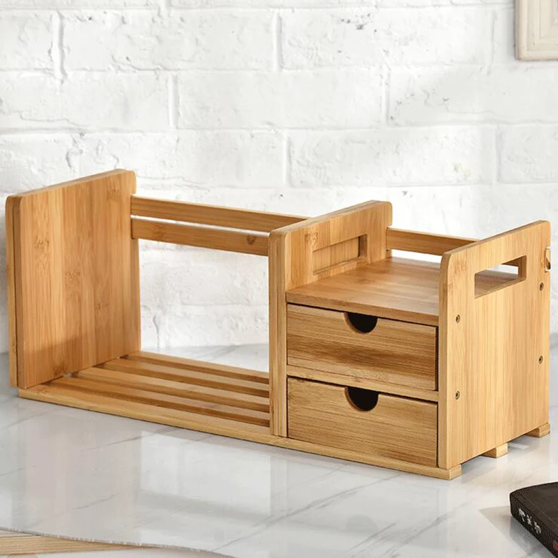 Bamboo Telescopic Book Shelf with Drawer, Desktop Bookcase, Table Book Rack, Bookshelves, Bookcase Organizer,Furniture