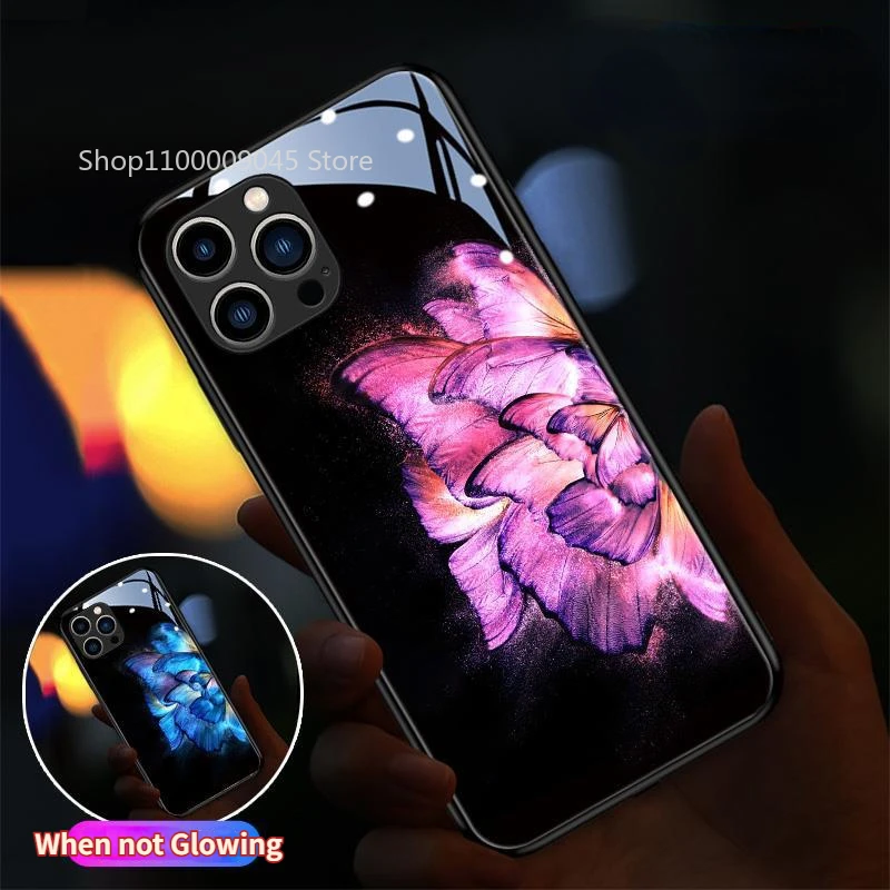 

Butterfly Luminous LED Call Light Flash Up Glass Phone Case For iPhone 15 14 13 12 11 Pro Max X XR XS 7 8 plus Glowing Cover