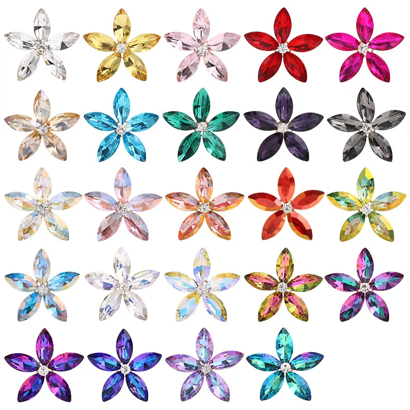 5 Pieces Shimmering Glass Rhinestone Floral Metal Base Petals Craft DIY Bag Decorative Handmade Hair Clip Jewelry Accessories