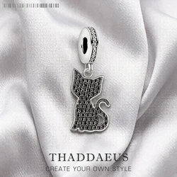 Black Cat Little Kitten Charm Women Animal Lover 925 Sterling Silver Europe Cute Pendant Gift