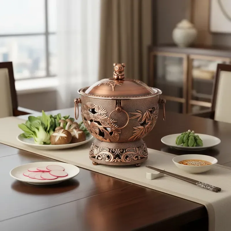 18cm Retro Chinese Style 304 Stainless Steel Hot Pot with Cartoon Panda Design Alcohol Heating Single Small Soup Cooker