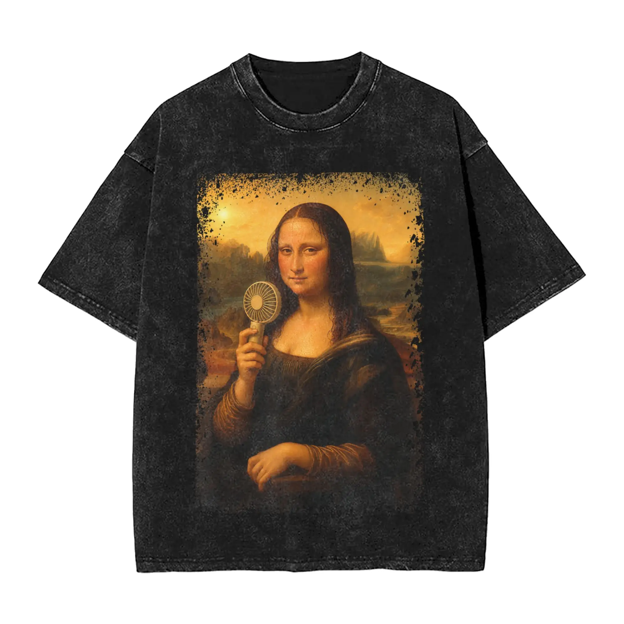 Funny Mona Lisa Holding Mini Fan Summer Heat Meme T-Shirt Fashion T-Shirts Short Sleeve Tshirt Cotton O Neck Big Size Top Tees
