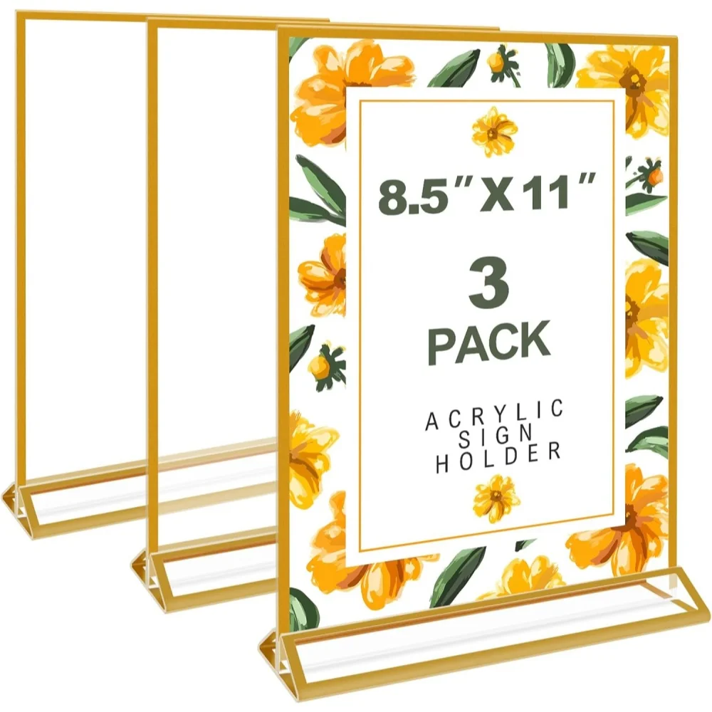 3 Pack Gold Acrylic Sign Holder 8.5 X 11 Inch Double Sided Clear Display Stand for Wedding Table Numbers Menu Picture Display