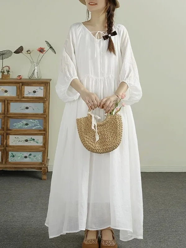 กระโปรงทรงเอผ้าเฮมพ์สไตล์เรโทร รุ่นแม็กซี่ สำหรับผู้หญิง ทรงหลวม สีพื้น ผ้าสองชั้น ทรงเอไลน์ สำหรับฤดูร้อน สไตล์วินเทจ ทรงบับเบิ้ล