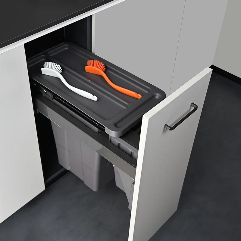 Concealed Dual Compartment Cabinet Built-In Trash Can with Lid Drawer-Style Kitchen Waste Bin Cleaning Bucket
