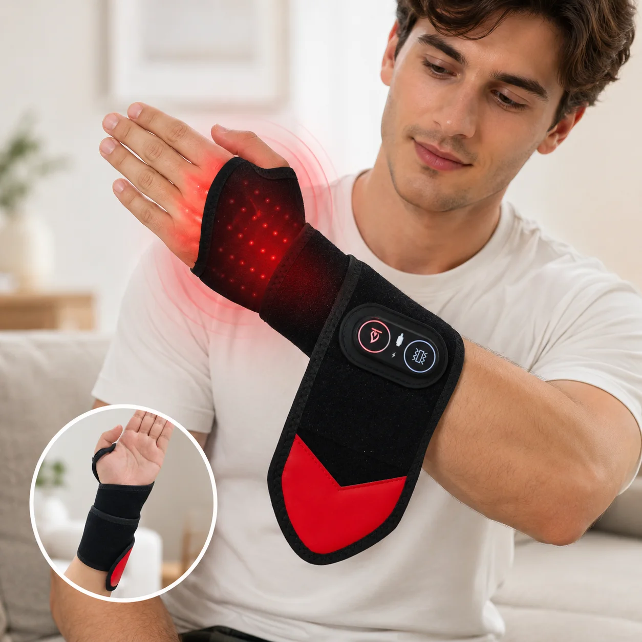 Red Light Heated Wrist Wrap Rechargeable Wrist Warmer 3 Heat Levels 3 Vibration Massage Modes Adjustable Wearable Heating Pad