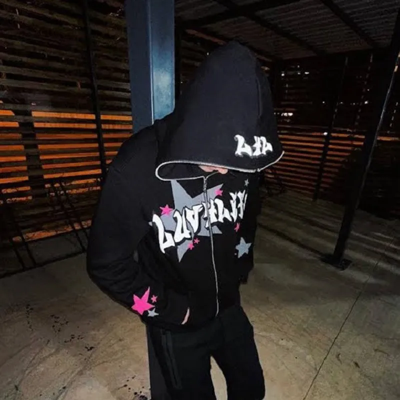 الخريف/الشتاء الرجعية Y2K الرجال والنساء قلنسوة بسحاب الشارع العصرية سترة معطف القوطية رسالة الخماسي مطبوعة هوديي البلوز #2