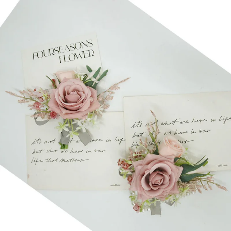 Boutonnières artificielles roses, Rose haricot, fausses fleurs, pour demoiselle d'honneur, Corsage au poignet, broche pour homme, accessoires de mariage