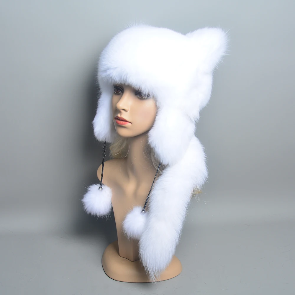 Hot Sale Luxury Ladies Winter Warm Real Fox Fur Hat hand knit women natural fox fur beanie hat genuine fox fur bomber hat