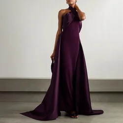 Dark Purple Evening Dress 2024 Halter Criss-Cross Column Evening Gowns for Women Satin Jersey Backless Formal Party Dresses Maxi