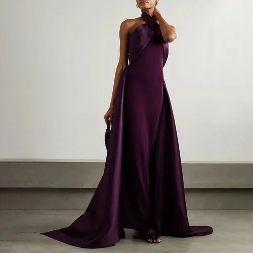 Vestido de noche púrpura oscuro para mujer, vestidos de noche con cuello Halter entrecruzado, vestidos de fiesta formales sin espalda, Jersey de satén, Maxi, 2024