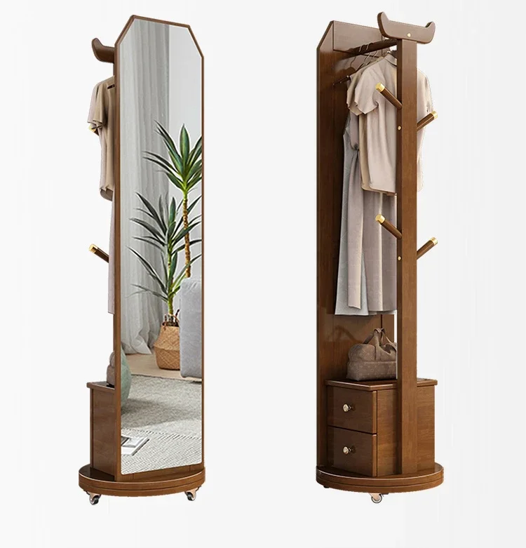

Clothes Hanger Bedroom Floor Household Coat Rack Rotatable Solid Wood with Mirror Clothes Rack