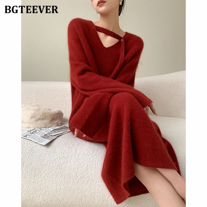 

BGTEEVER Autumn Winter Loose V-neck Women Sweaters Dress Elegant Long Sleeve Lace-up Straight Female Knitted Dress vestidos