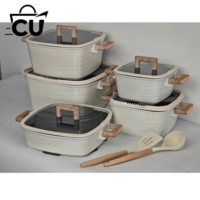 Diecasting Square Soup Pot Foreign Trade Hot-Selling Set 15-Piece Set, Bottom Covering Non-Stick Electromagnetic Heat Conduction